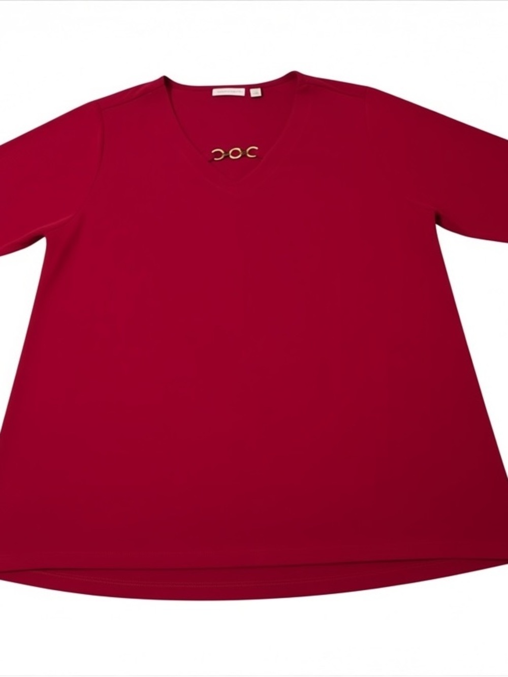 Susan Graver Red 3/4 Sleeve V- Neck Top w/ Gold & Tortoise Shell Chain Size 2XP